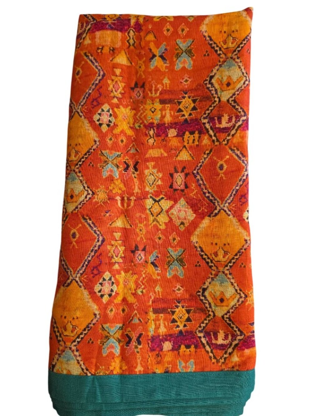 VTG Boho Geometric Tribal Cotton Gauze Table Runner Panel Orange Teal 34x132 - Picture 1 of 9